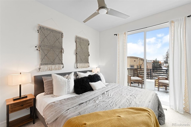 bedroom featuring access to exterior, ceiling fan, and carpet flooring