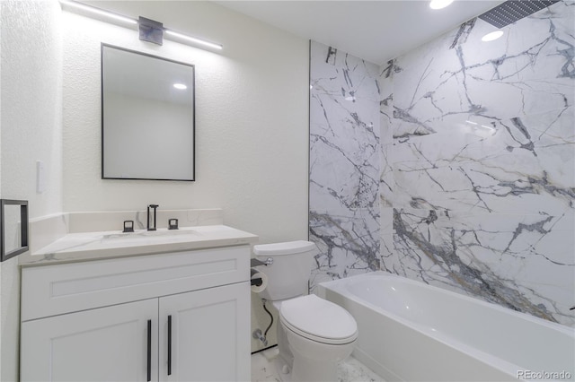 full bathroom with marble finish floor, shower / bath combination, a textured wall, toilet, and vanity