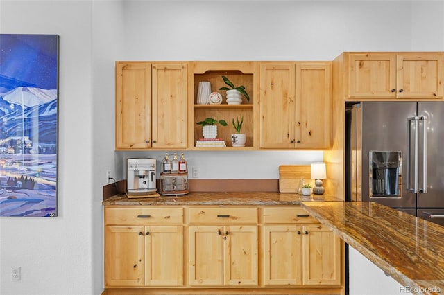 1474 Belford Ct, Evergreen, CO 80439 - kitchen with high quality fridge, light brown cabinets, open shelves, and stone countertops