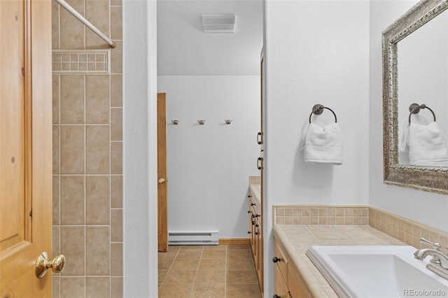 1474 Belford Ct, Evergreen, CO 80439 - bathroom featuring a baseboard radiator, vanity, and a tile shower