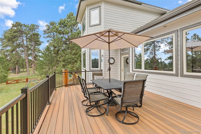 1474 Belford Ct, Evergreen, CO 80439 - wooden terrace featuring outdoor dining space