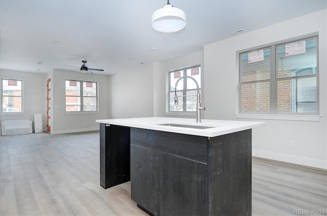 kitchen with pendant lighting, a kitchen island with sink, sink, ceiling fan, and a healthy amount of sunlight