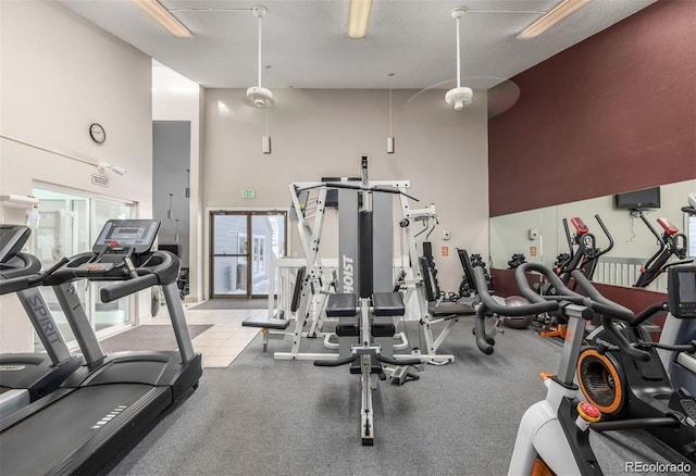 workout area with a towering ceiling