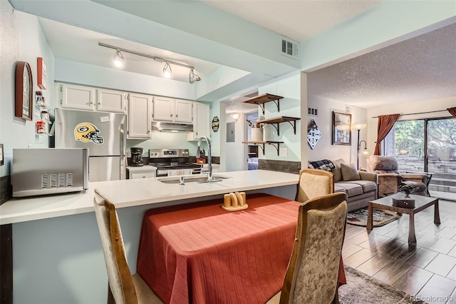 kitchen with appliances with stainless steel finishes, white cabinets, a sink, a textured ceiling, and under cabinet range hood