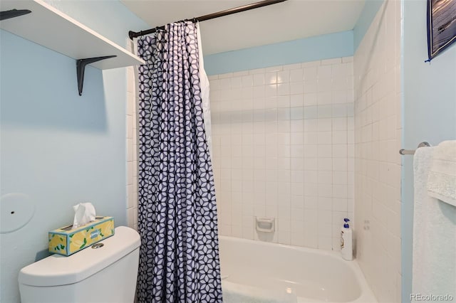 full bathroom featuring toilet and shower / bathtub combination with curtain