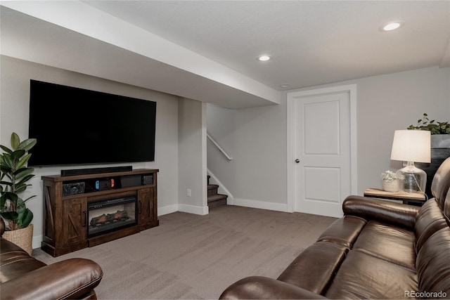 8559 W 75th Pl, Arvada, CO 80005 - carpeted living area featuring stairs, baseboards, and recessed lighting