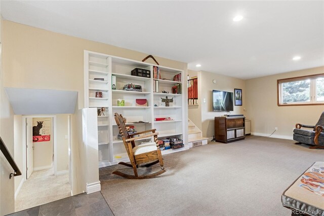 1615 Violet St, Golden, CO 80401 - sitting room with recessed lighting, stairs, and carpet floors