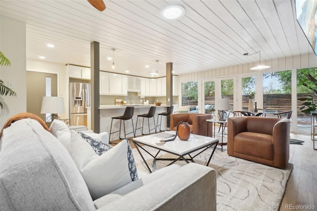 5405 S Lowell Blvd, Littleton, CO 80123 - living room featuring light wood-type flooring, recessed lighting, and wood ceiling