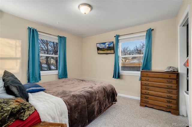 bedroom with light carpet