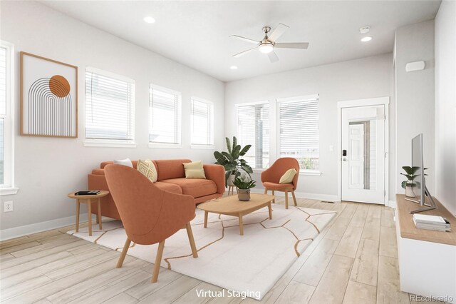 20968 E 60th Pl, Aurora, CO 80019 - living area with light wood-style floors, a ceiling fan, and recessed lighting