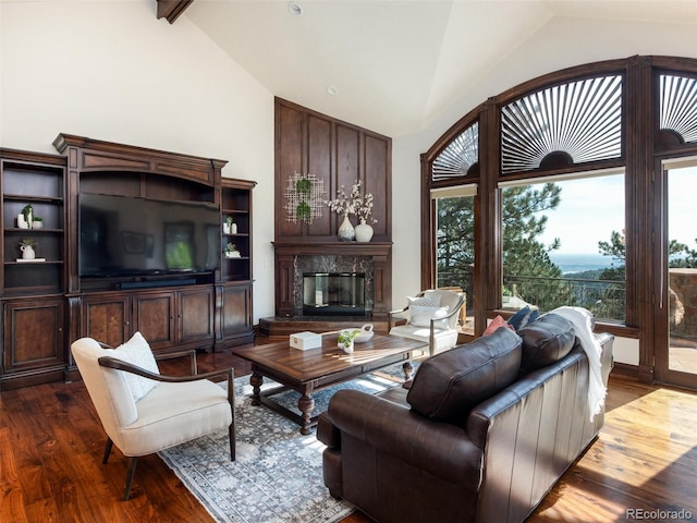 1189 Rembrandt Rd, Boulder, CO 80302 - living area featuring dark wood-style flooring, a premium fireplace, plenty of natural light, and high vaulted ceiling