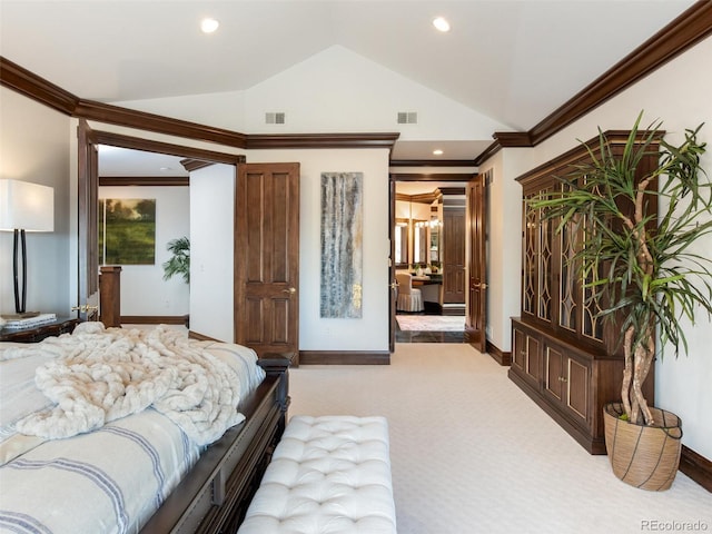 1189 Rembrandt Rd, Boulder, CO 80302 - carpeted bedroom featuring lofted ceiling, ornamental molding, and recessed lighting