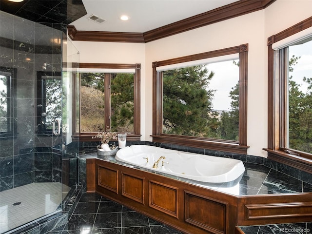 1189 Rembrandt Rd, Boulder, CO 80302 - bathroom with a jetted tub, crown molding, and a stall shower