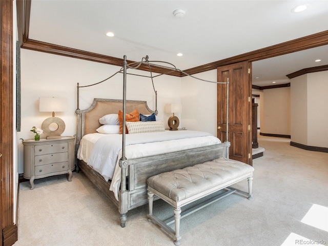 1189 Rembrandt Rd, Boulder, CO 80302 - bedroom with ornamental molding, light carpet, and recessed lighting