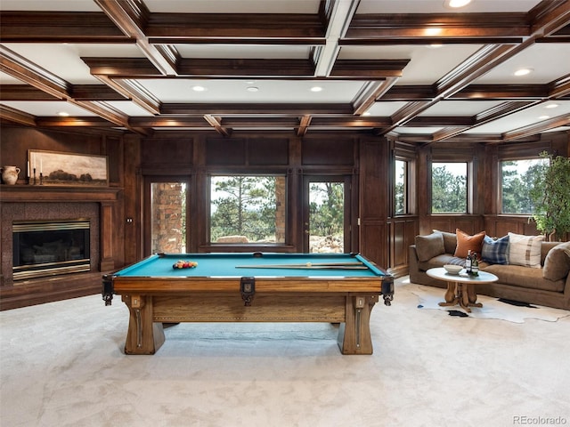 1189 Rembrandt Rd, Boulder, CO 80302 - rec room featuring carpet, coffered ceiling, crown molding, plenty of natural light, and billiards table
