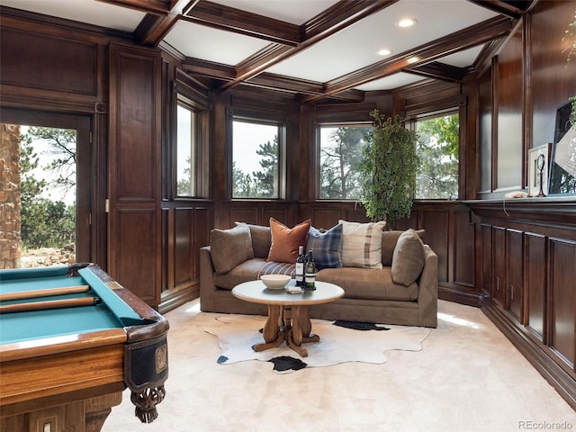 1189 Rembrandt Rd, Boulder, CO 80302 - sunroom with billiards, beamed ceiling, a jacuzzi, and coffered ceiling