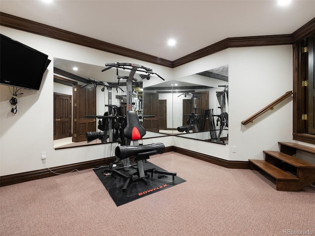 1189 Rembrandt Rd, Boulder, CO 80302 - workout room with carpet floors, ornamental molding, and recessed lighting