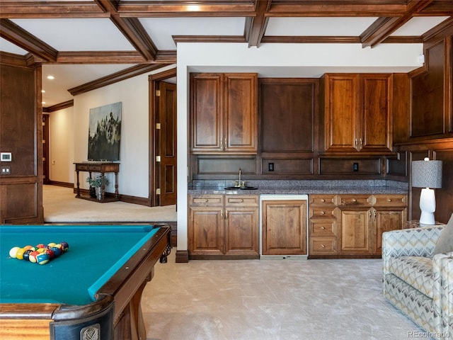 1189 Rembrandt Rd, Boulder, CO 80302 - kitchen featuring coffered ceiling, ornamental molding, beam ceiling, light colored carpet, and billiards table