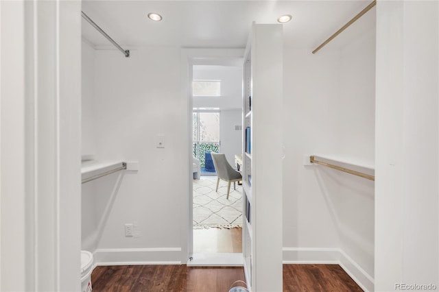 walk in closet with wood finished floors