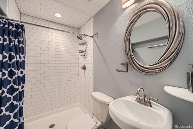 bathroom featuring a shower with curtain, toilet, and sink