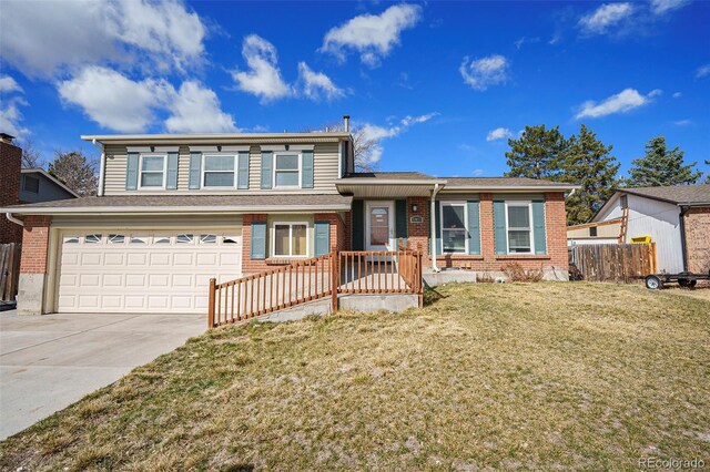 split level home with brick siding, driveway, and an attached garage