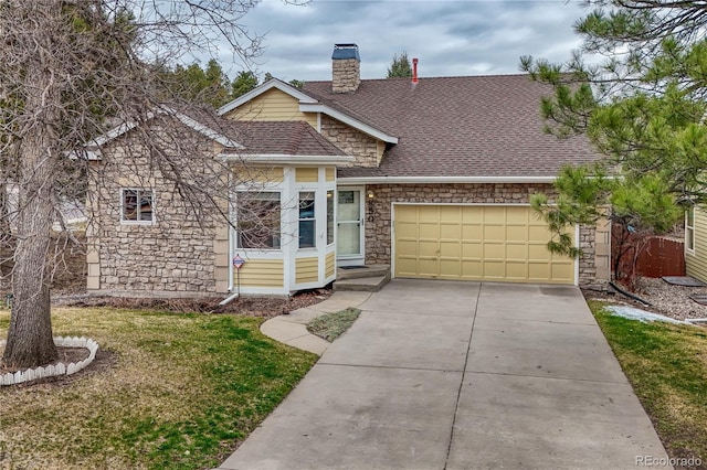 view of front facade with an attached garage, stone siding, a chimney, driveway, and roof with shingles