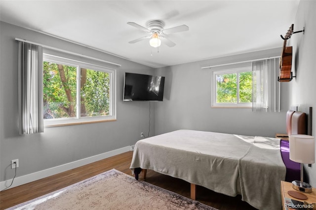 bedroom with hardwood / wood-style flooring, multiple windows, and ceiling fan