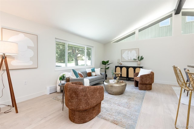 7453 E Jefferson Dr, Denver, CO 80237 - living room featuring light wood-type flooring, high vaulted ceiling, and beamed ceiling
