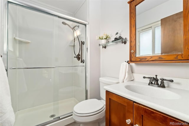 full bathroom featuring a stall shower, vanity, and toilet