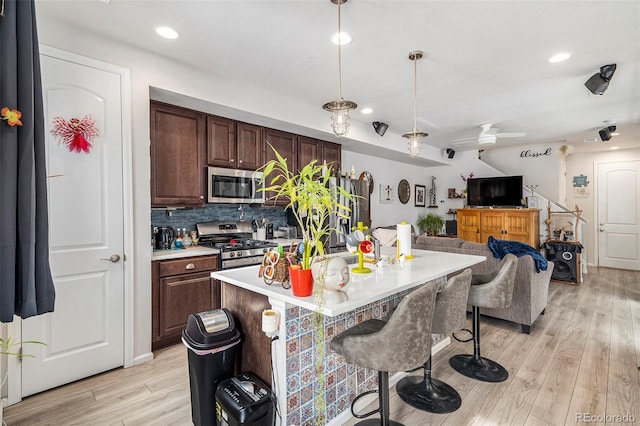 kitchen featuring dark brown cabinets, ceiling fan, appliances with stainless steel finishes, and light hardwood / wood-style floors