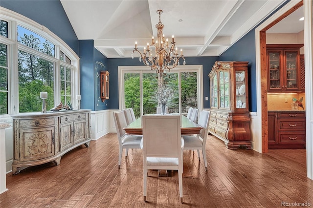 dining room with a chandelier, beamed ceiling, dark wood-type flooring, and coffered ceiling