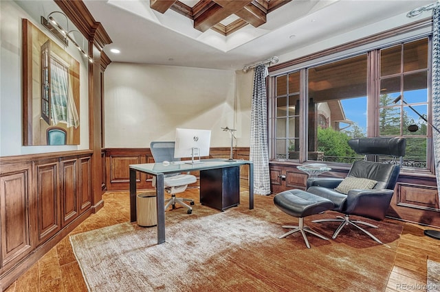 office area featuring beam ceiling and coffered ceiling