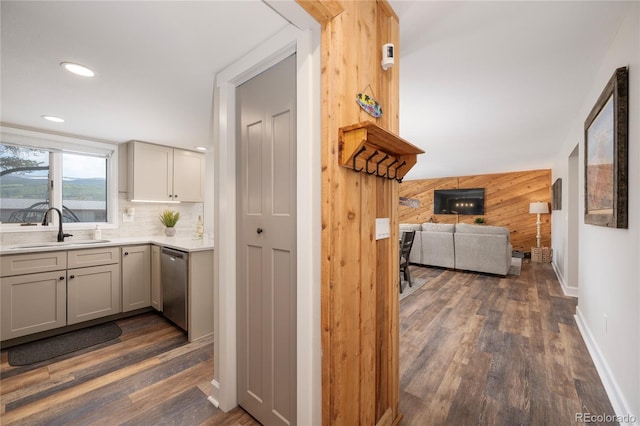 141 Forest Trl # 16, Winter Park, CO 80482 - corridor featuring wood walls, dark wood finished floors, and recessed lighting