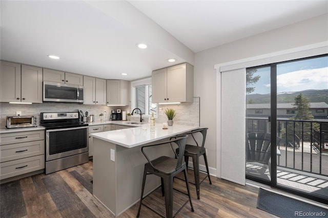 141 Forest Trl # 16, Winter Park, CO 80482 - kitchen with stainless steel appliances, tasteful backsplash, dark wood-style flooring, a kitchen breakfast bar, and gray cabinets