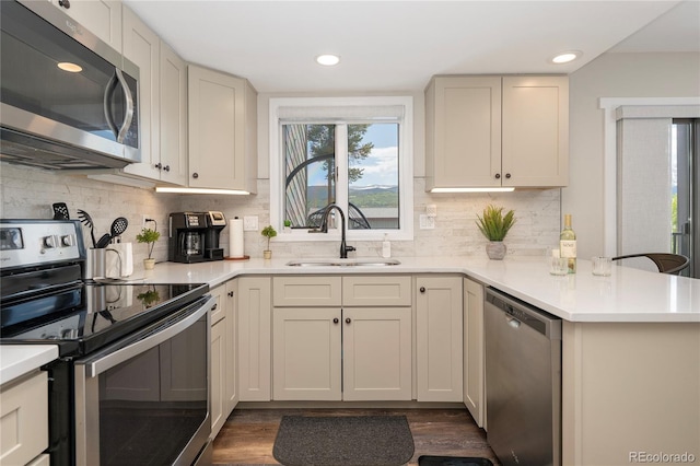 141 Forest Trl # 16, Winter Park, CO 80482 - kitchen featuring appliances with stainless steel finishes, dark wood-style flooring, a peninsula, light countertops, and recessed lighting