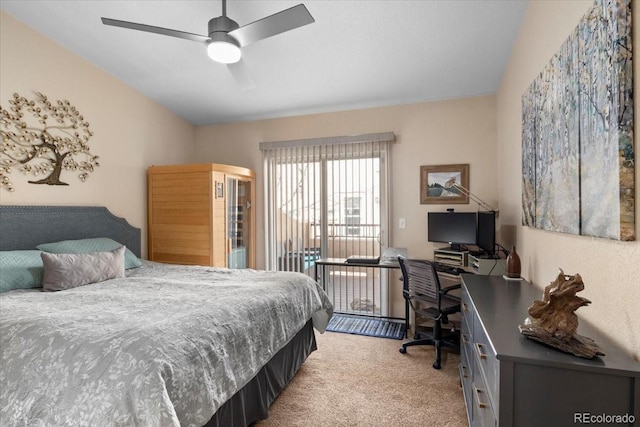 4362 Susie Vw, Colorado Springs, CO 80917 - bedroom featuring carpet flooring, an office area, access to outside, lofted ceiling, and a ceiling fan