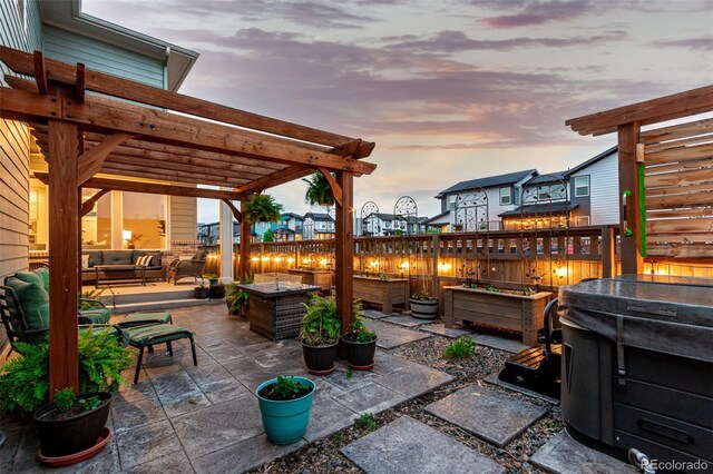 21492 E 60th Ave, Aurora, CO 80019 - patio terrace at dusk featuring an outdoor hangout area, a pergola, and a fenced backyard