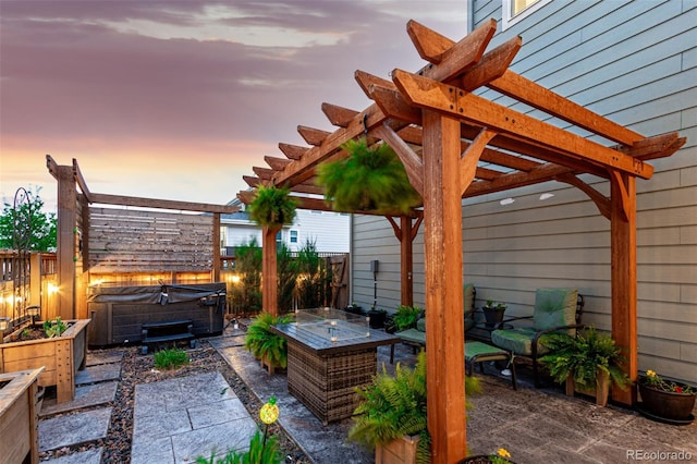 21492 E 60th Ave, Aurora, CO 80019 - patio terrace at dusk featuring a pergola, a hot tub, and a fenced backyard