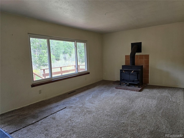 2793 S Beaver Creek Rd, Black Hawk, CO 80422 - unfurnished living room featuring a wood stove and carpet