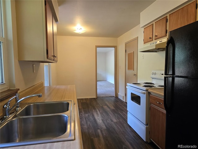 2793 S Beaver Creek Rd, Black Hawk, CO 80422 - kitchen with freestanding refrigerator, electric stove, under cabinet range hood, a sink, and dark wood-style flooring