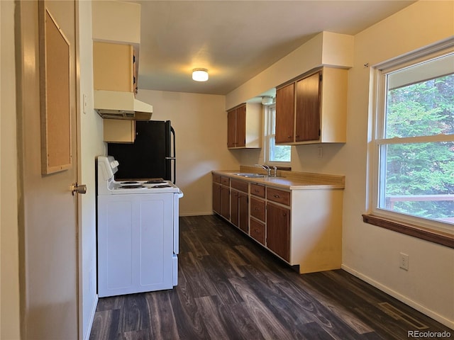 2793 S Beaver Creek Rd, Black Hawk, CO 80422 - kitchen featuring white range with electric stovetop, dark wood-style floors, premium range hood, and freestanding refrigerator