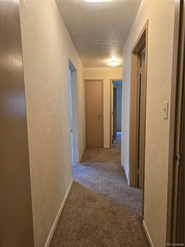 2793 S Beaver Creek Rd, Black Hawk, CO 80422 - corridor with carpet floors, a textured wall, a textured ceiling, and baseboards