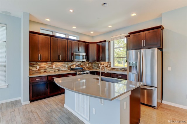 kitchen featuring a center island with sink, appliances with stainless steel finishes, a sink, light countertops, and backsplash