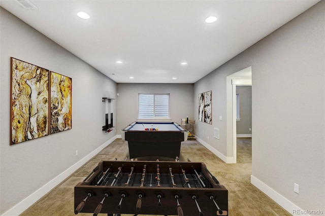 recreation room with recessed lighting, light carpet, billiards, visible vents, and baseboards