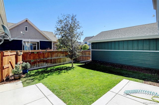 view of yard featuring a patio area and a fenced backyard