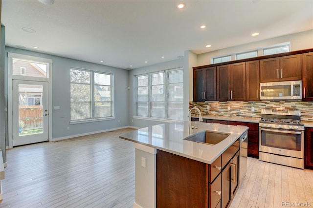 kitchen with stainless steel appliances, a sink, light countertops, decorative backsplash, and an island with sink