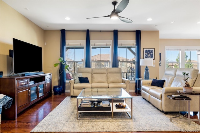10681 Sundial Rim Rd, Highlands Ranch, CO 80126 - living room with dark wood-style flooring, ceiling fan, baseboards, and recessed lighting