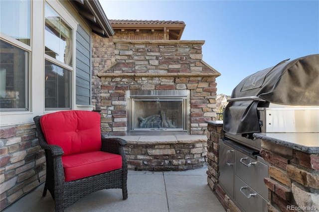 10681 Sundial Rim Rd, Highlands Ranch, CO 80126 - view of patio featuring an outdoor stone fireplace and exterior kitchen