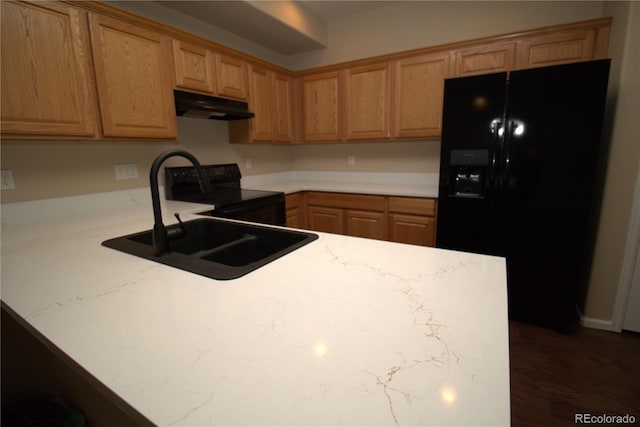 kitchen featuring kitchen peninsula, sink, and black appliances