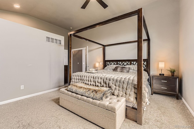 bedroom featuring carpet flooring, baseboards, and ceiling fan